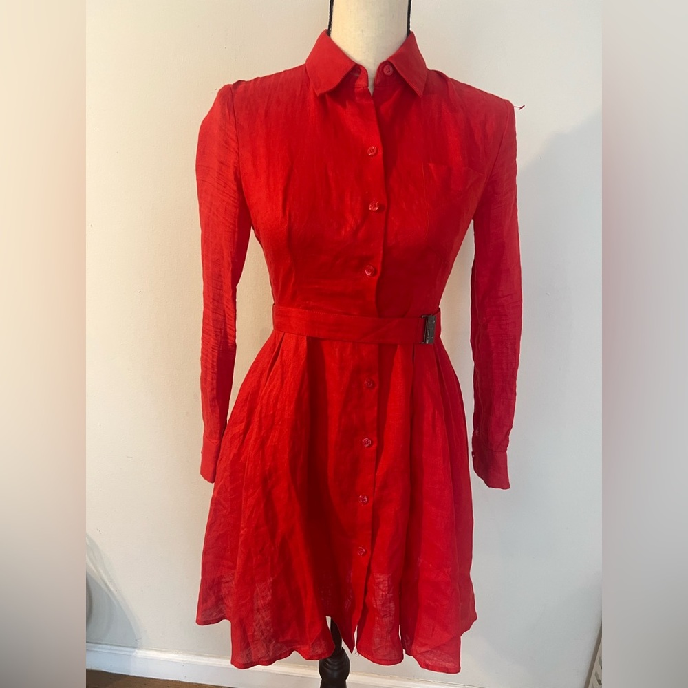Anthropologie Vibrant Red Long-Sleeve Button-Front Shirt Dress